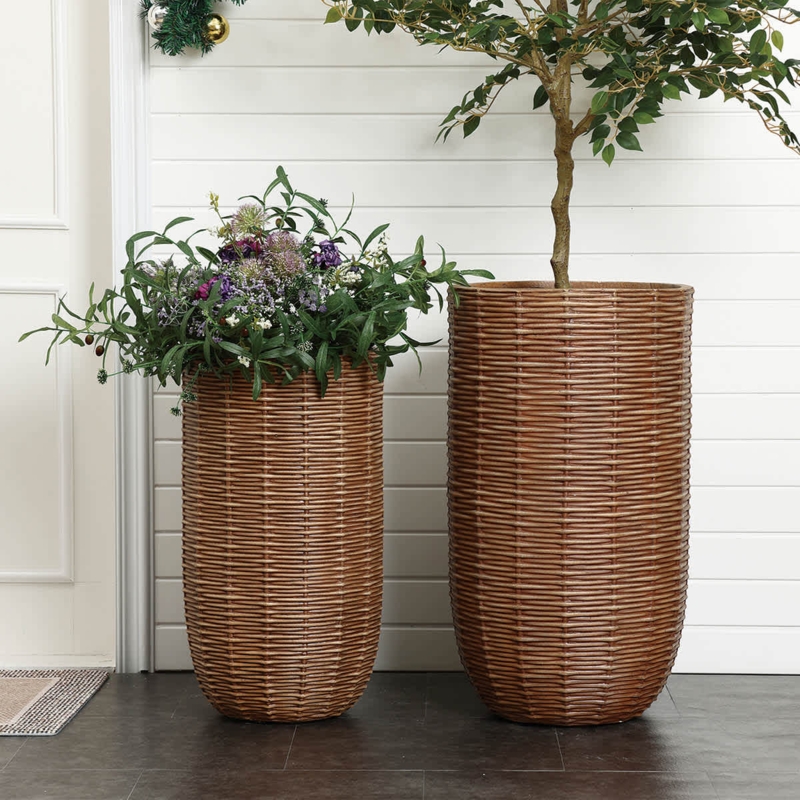 Outdoor Planter Tall Tapered Form Speckled Stone, Contemporary Garden Pot