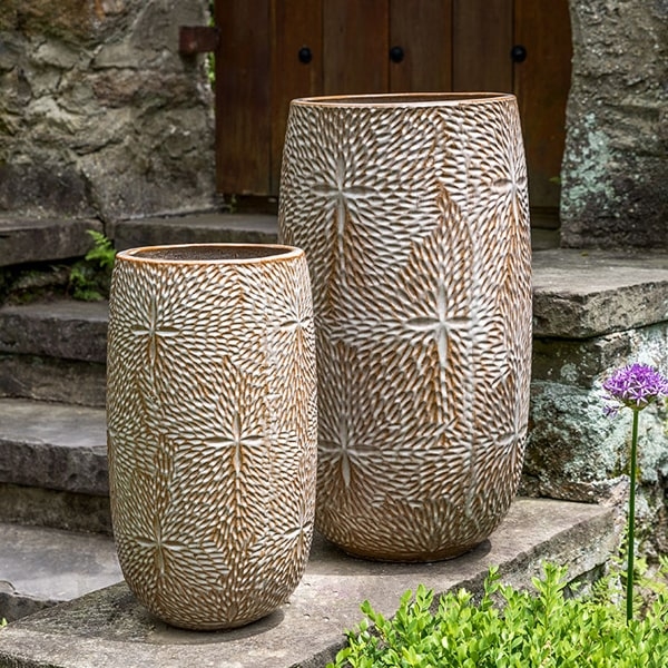 Outdoor Planter Tall Tapered Sand Dollar Motif Tan Stone
