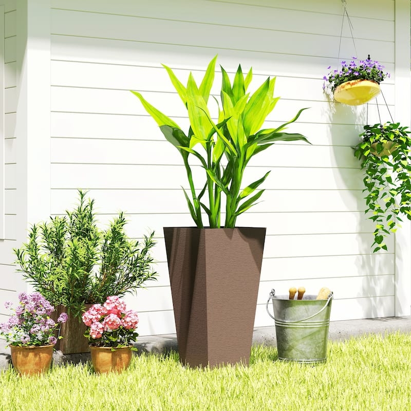 Outdoor Planter Tall Tapered Set in Dark Brown with Wood-Like Texture