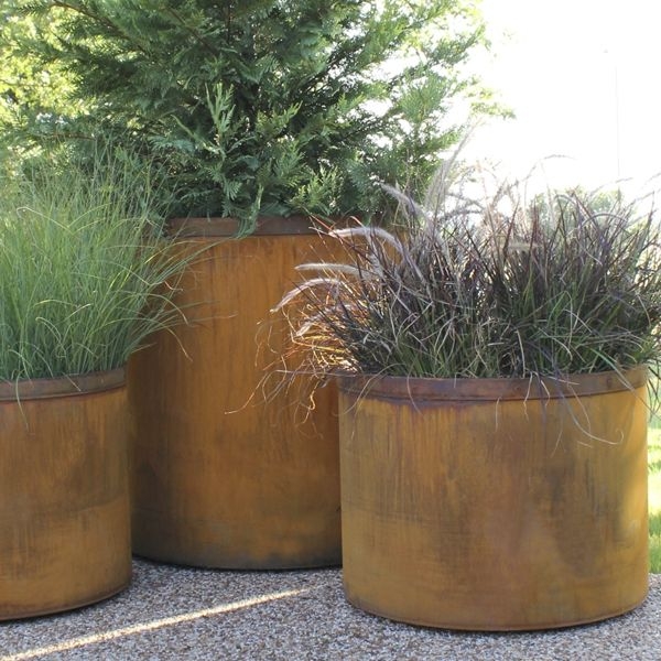 Outdoor Planter Weathered Steel Cylindrical Form Industrial Patina