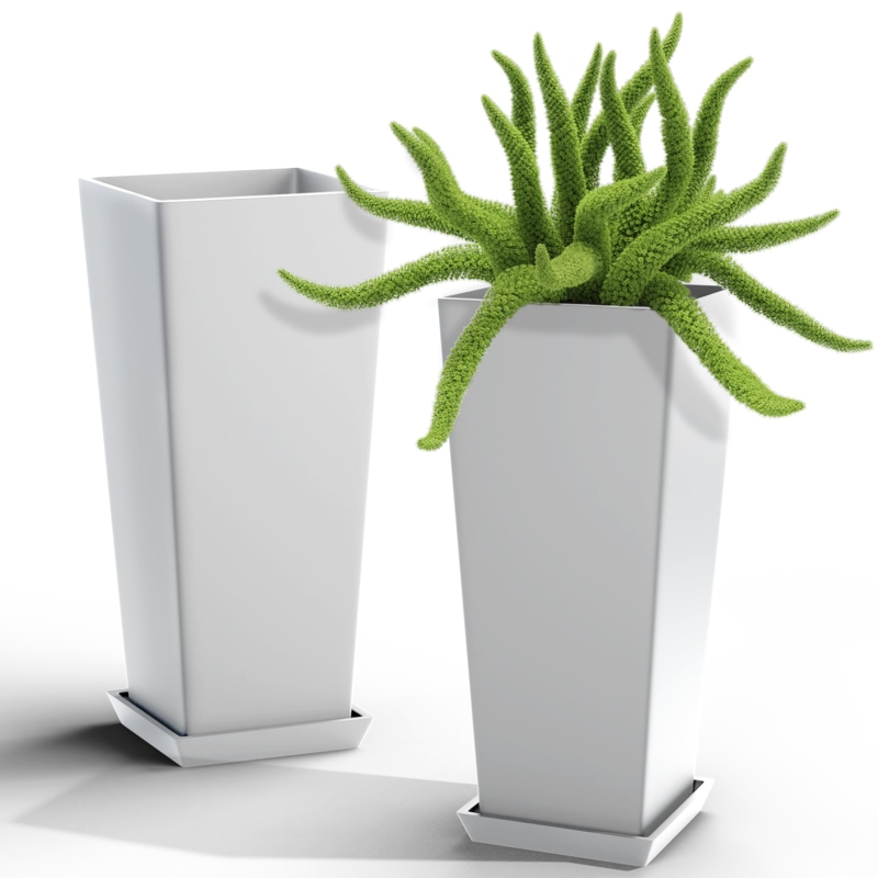 Outdoor Planters Tapered Square Ribbed Garden Pots White Stone-Like