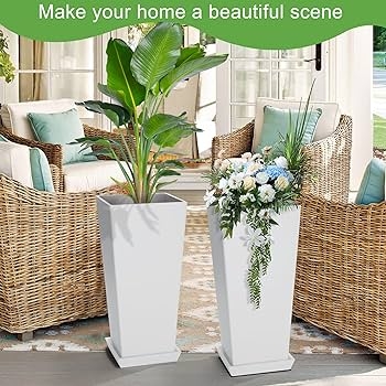 Outdoor Planters White Resin Planters With Trays Tall Tapered Square