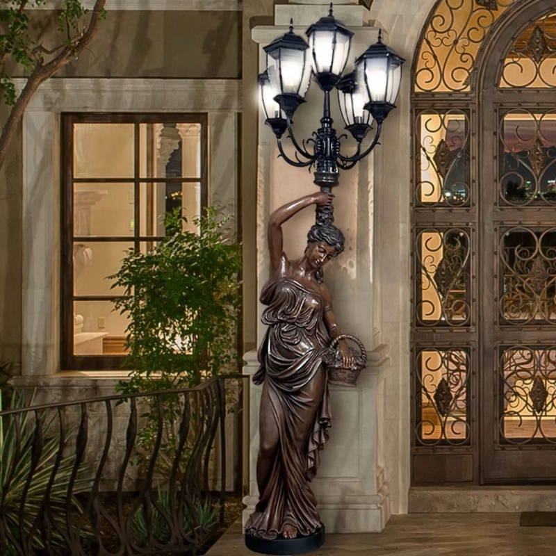 Outdoor Post Light Featuring Neoclassical Sculpture and Patina Finish