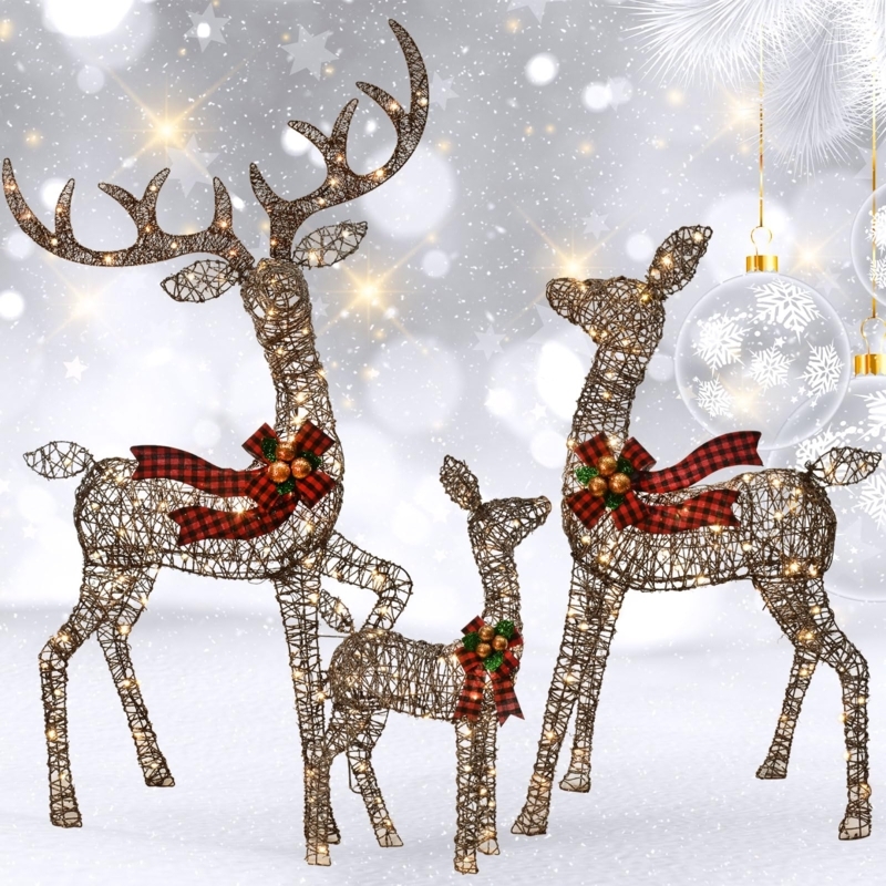 Outdoor Reindeer Decoration Three Piece Set with Woven Rattan Texture