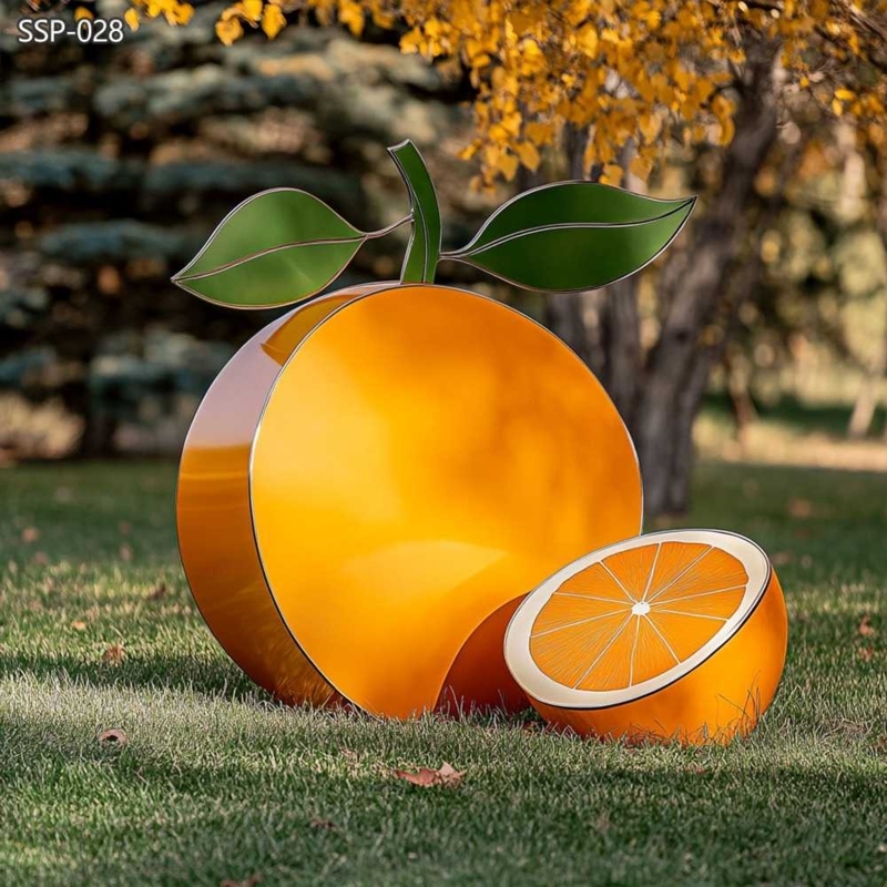 Outdoor Sculpture Giant Fruit Design Glossy Orange Stylized Leaf Pop Art