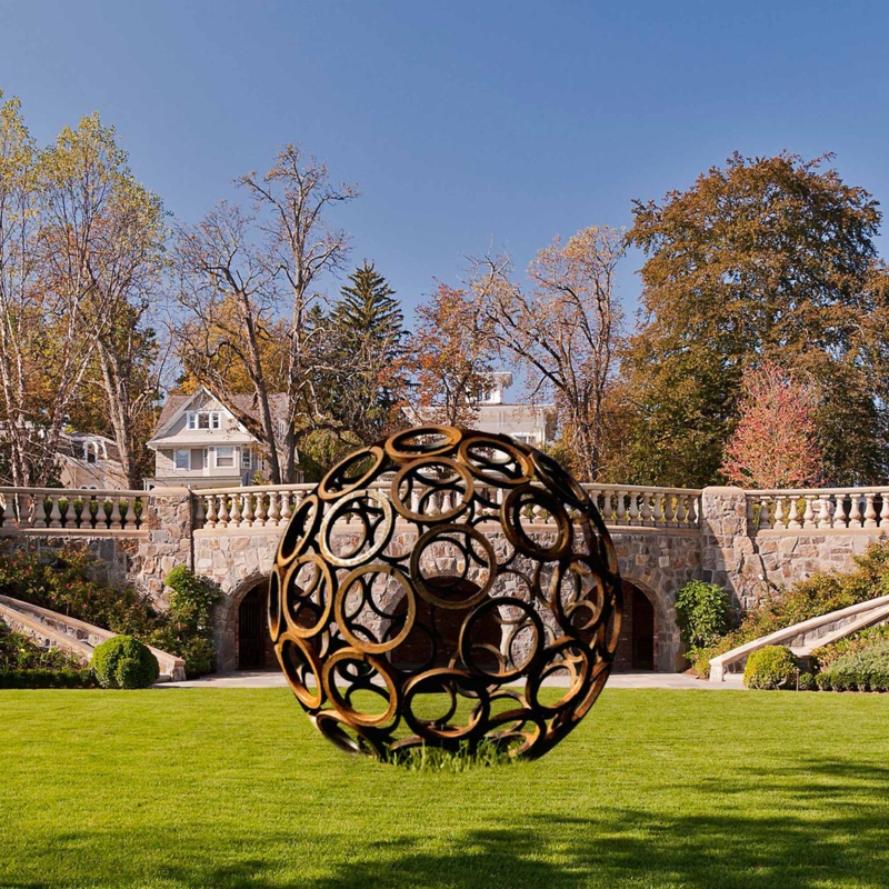 Outdoor Sculpture Hollow Spherical Corten Steel Leaf Pattern Garden