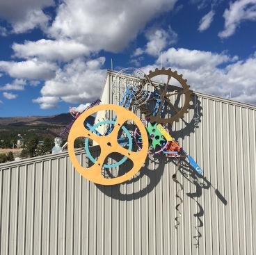 Outdoor Sculpture Kinetic Design with Gear Shapes, Rusted Recycled Metal