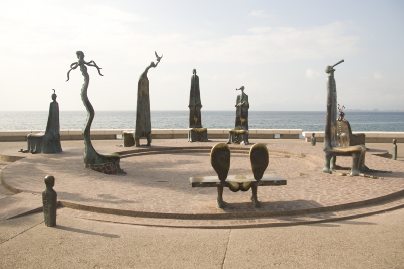 Outdoor Sculpture Surrealist Bronze Figures Rocky Shoreline Placement