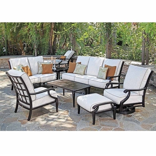 Outdoor Seating Set Cast Aluminum Scrolled Arms Ottomans Patio