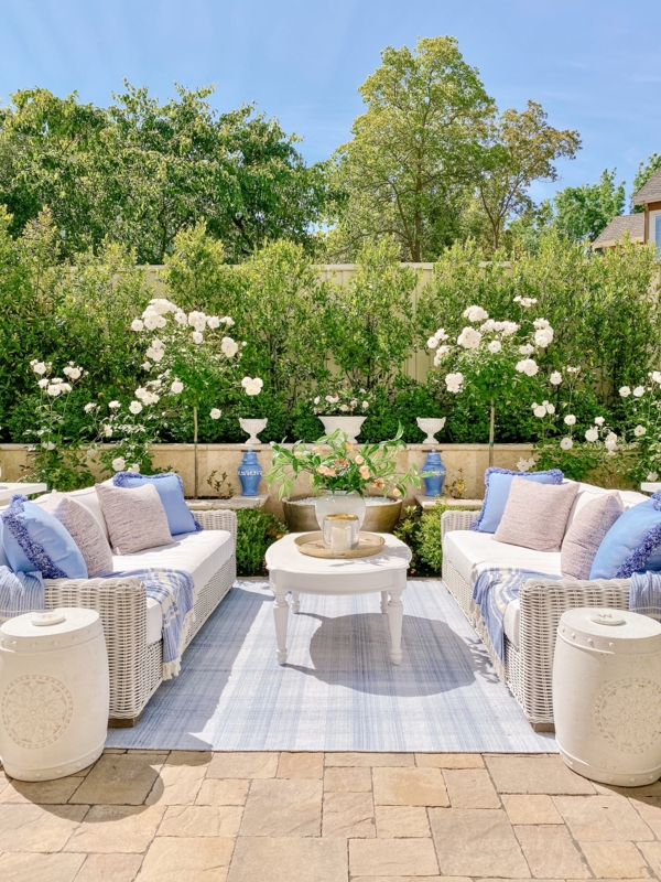 Outdoor Sectional Set with Central Fire Pit, Blue and White Patio Decor