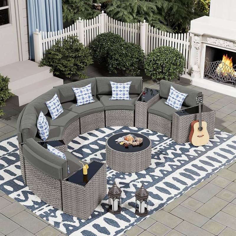 Outdoor Sectional Sofa Grey Curved Wicker Modular Blue Accents