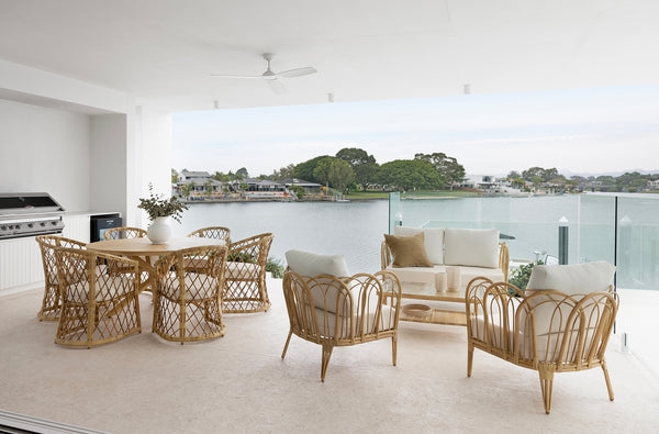 Outdoor Sectional Sofa: Modular with Woven Accents, Grey with Wood Tables