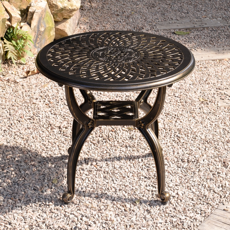 Outdoor Side Table Black Metal Round with Lower Storage Shelf