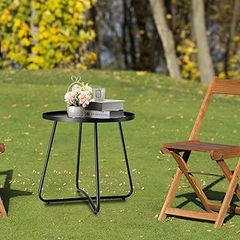 Outdoor Side Table Matte Black Metal Tray Top Tripod Base