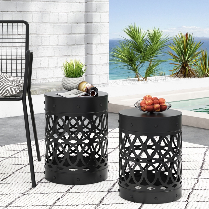 Outdoor Side Table Nesting Set Vertical Slat Base Tray Top Edge