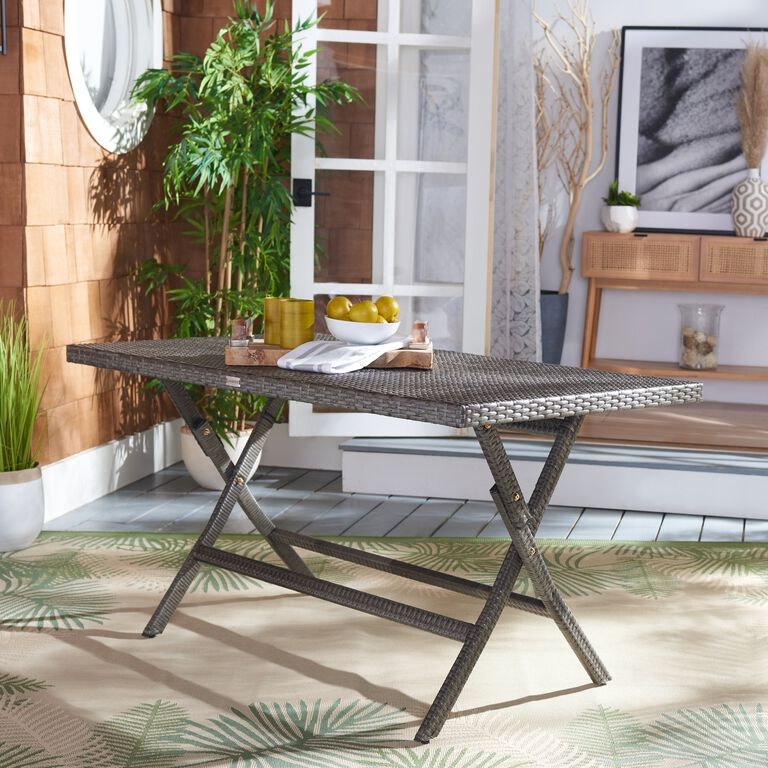 Outdoor Side Table Round Dark Brown All-Weather Wicker X-Frame Base Woven Patio