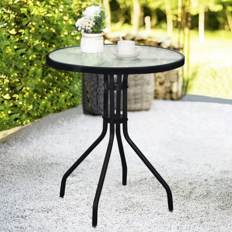 Outdoor Side Table Round Rippled Glass Top with X-Frame Base