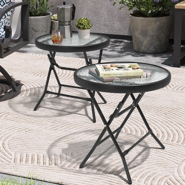 Outdoor Side Table Square Black Metal Rippled Glass Top