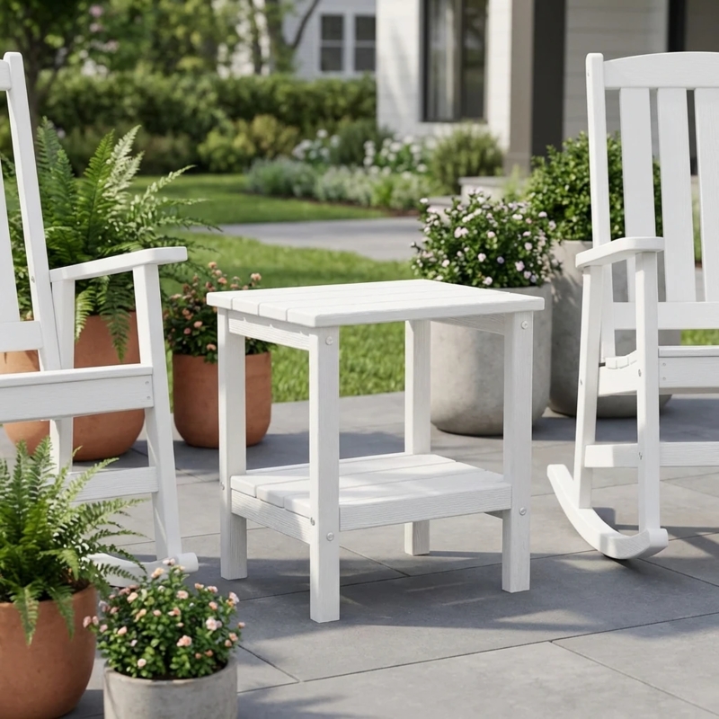 Outdoor Side Table, White Two-Tier Shelf Slatted Top for Coastal Porch