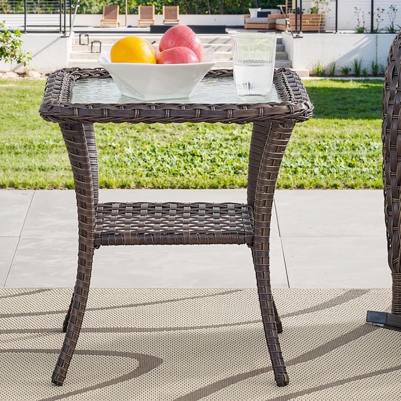 Outdoor Side Table Woven Wicker Hourglass Shape Dark Brown