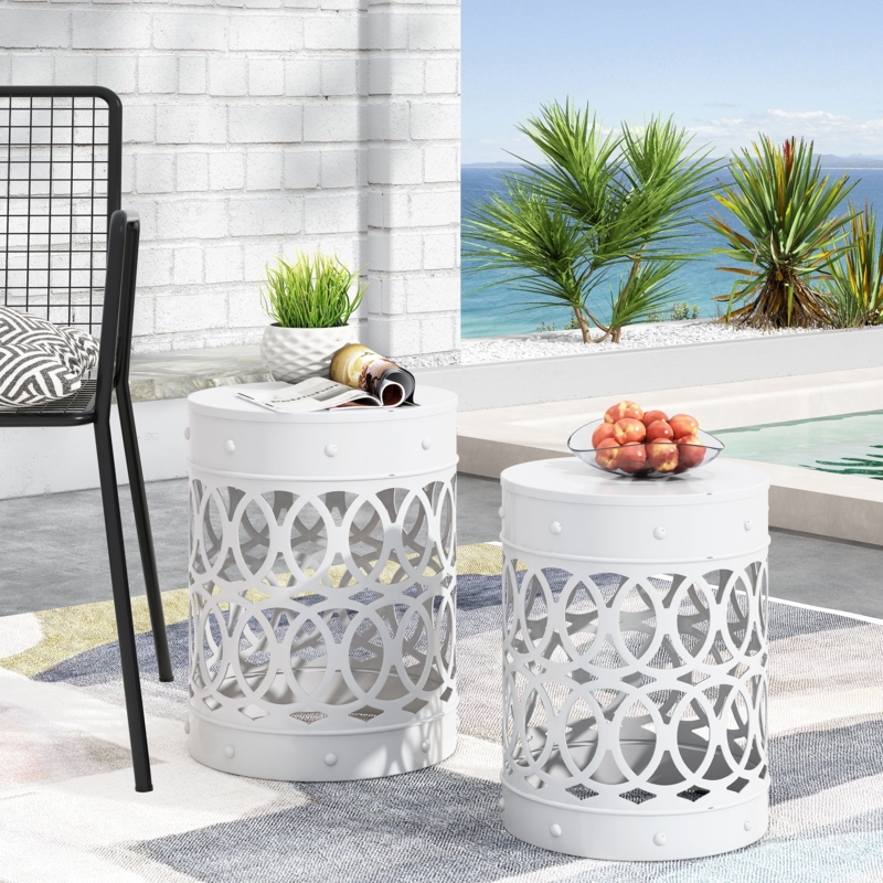 Outdoor Side Tables Set Metal Geometric Perforations Drum Silhouette