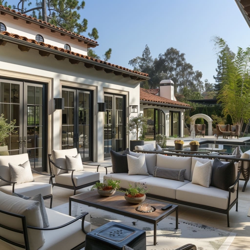 Outdoor Sofa Exposed Timber Beams Stone Fireplace Transitional Beige
