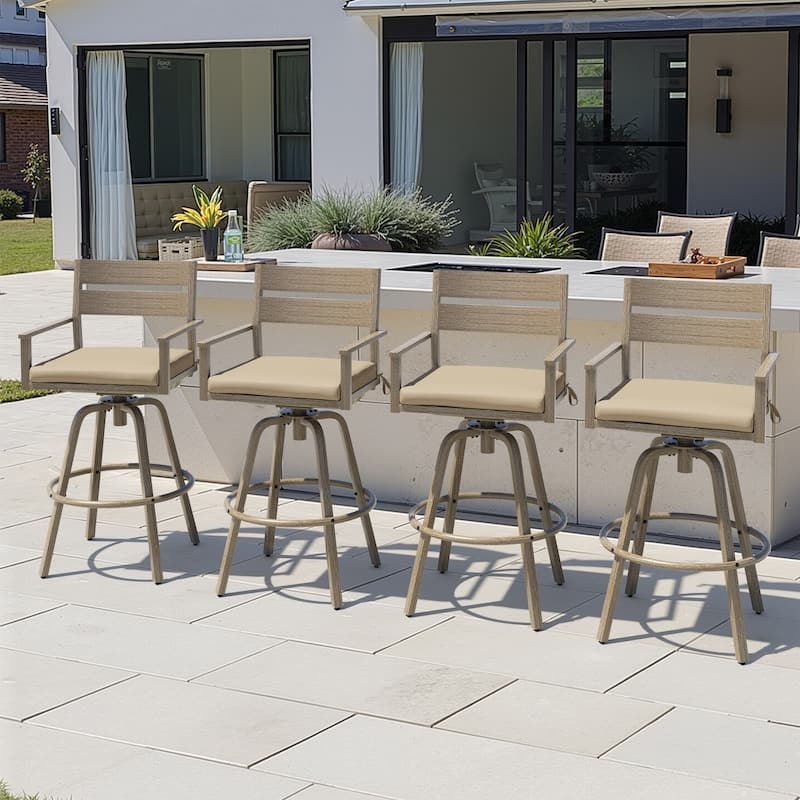 Outdoor Swivel Bar Stool Set Woodgrain Finish Slatted Back Design