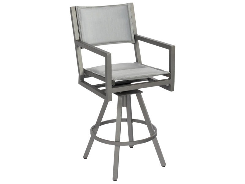 Outdoor Swivel Bar Stool with Dark Metal Frame and Padded Sling