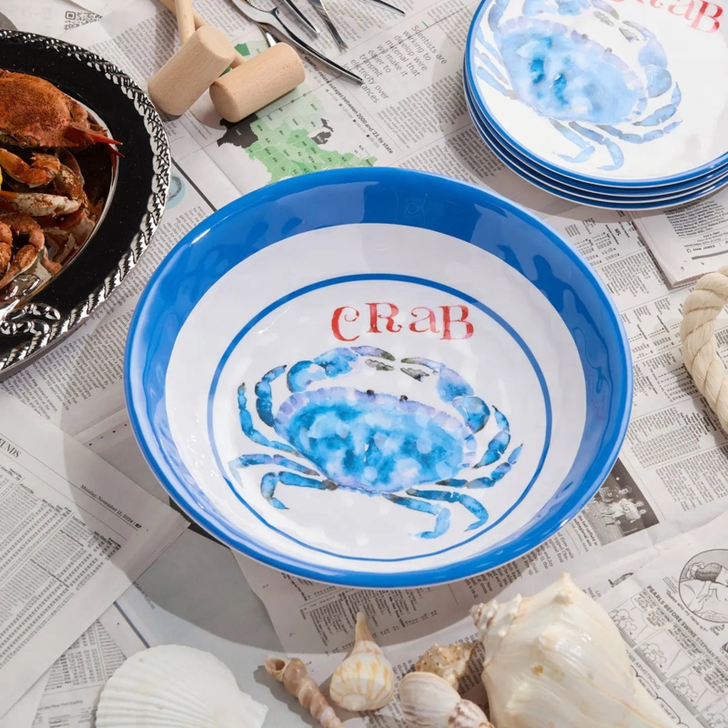 Oval Melamine Serving Platter with Blue Crab Motif & Coral Border