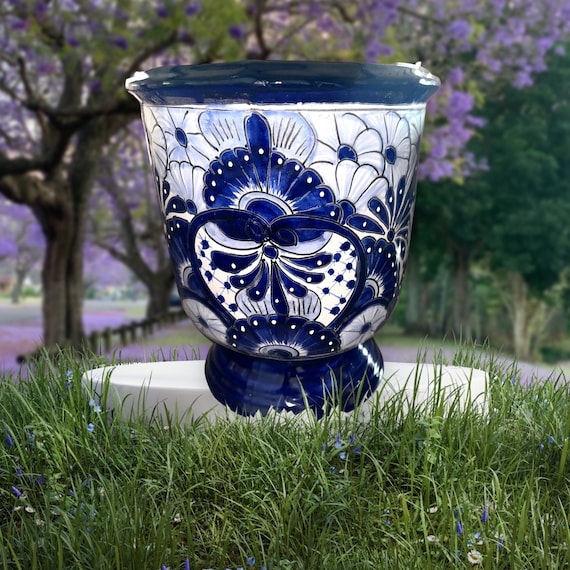 Oversized Blue and White Planter with Hand-Painted Talavera Patterns