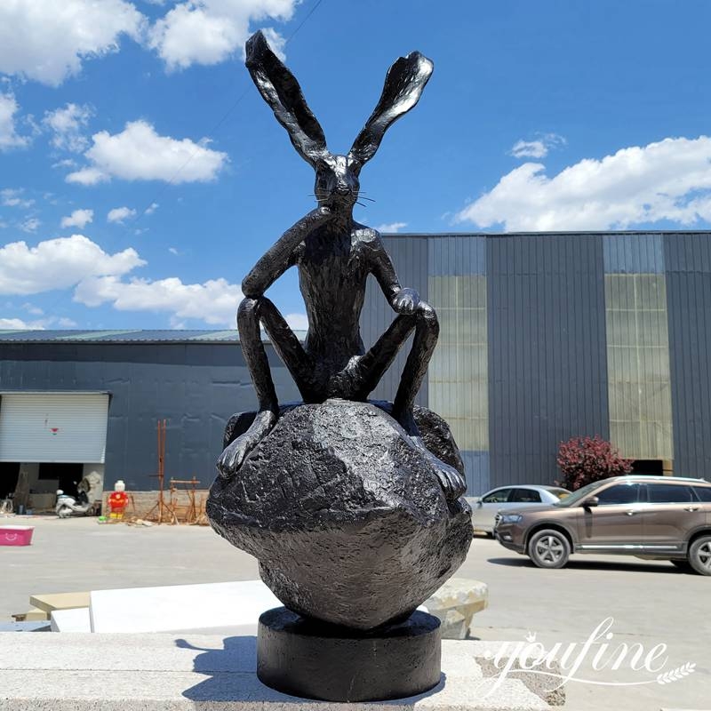 Oversized Bronze Rabbit Statue Contemplative Thinker Pose