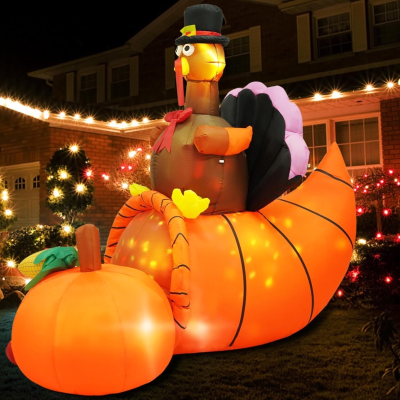 Oversized Inflatable Turkey Sitting On Harvest Cornucopia Base
