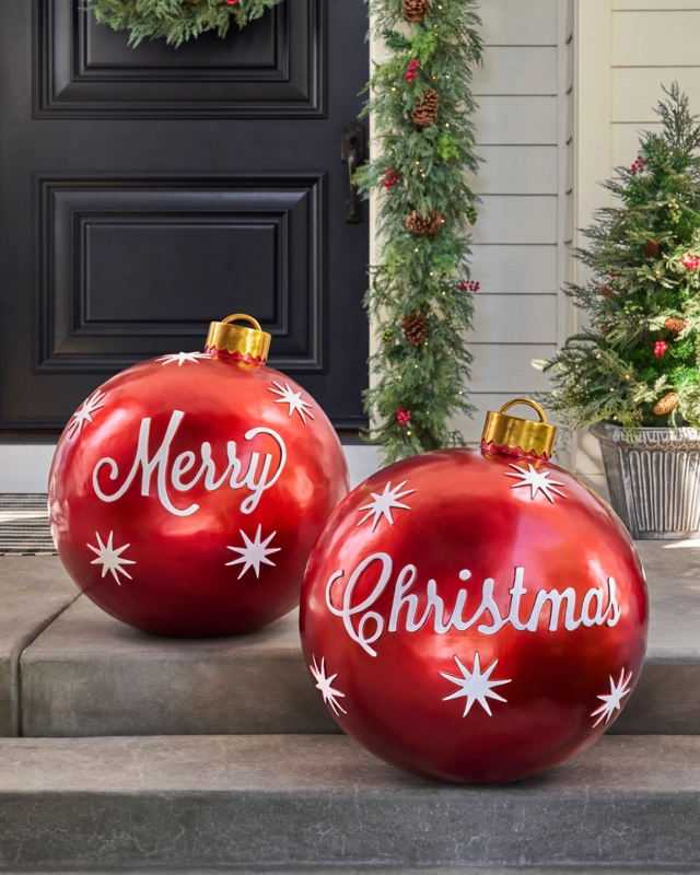Oversized Ornaments: Cursive Script Red & Green Spheres for Porch Styling