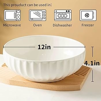 Oversized Serving Bowl Set with Lobed Sides, White Ceramic