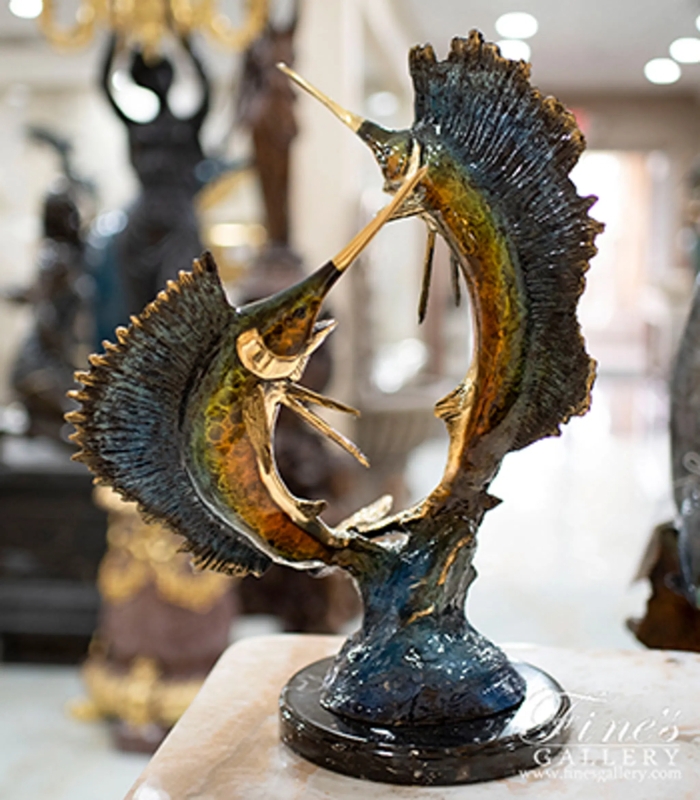 Oversized Vertical Bronze Sailfish Sculpture, Verdigris Patina