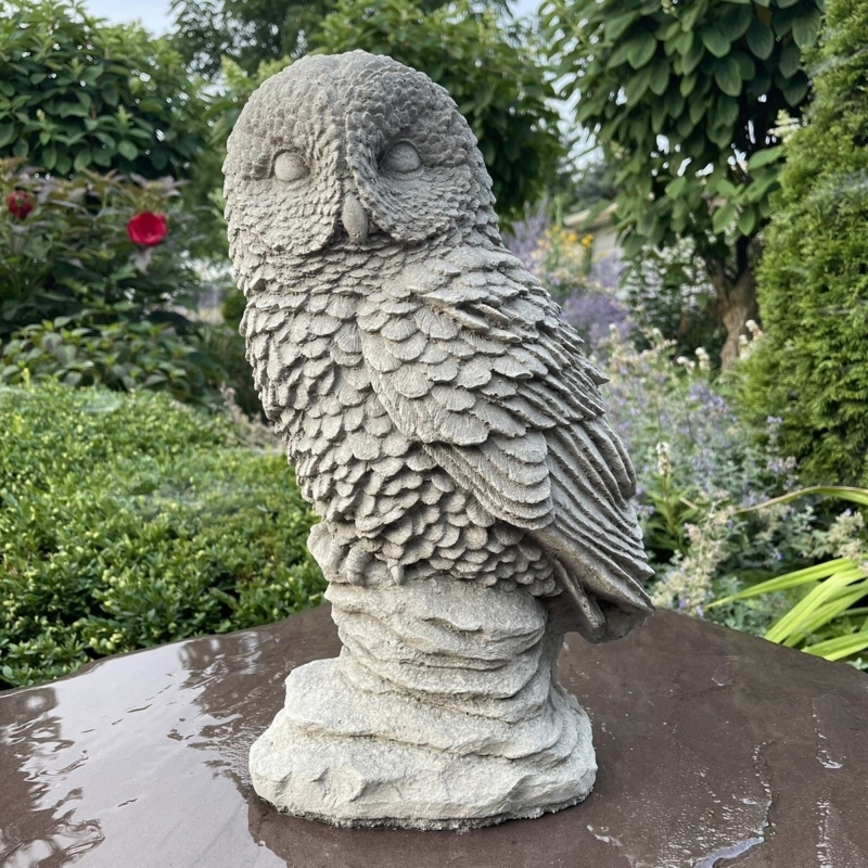 Owl Garden Statue Yellow Eyes Textured Feather Carving Stone Like