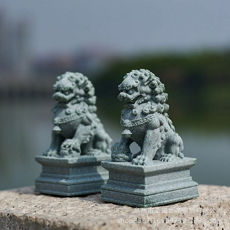 Pair of Miniature Foo Dog Lion Statues with Green Patina