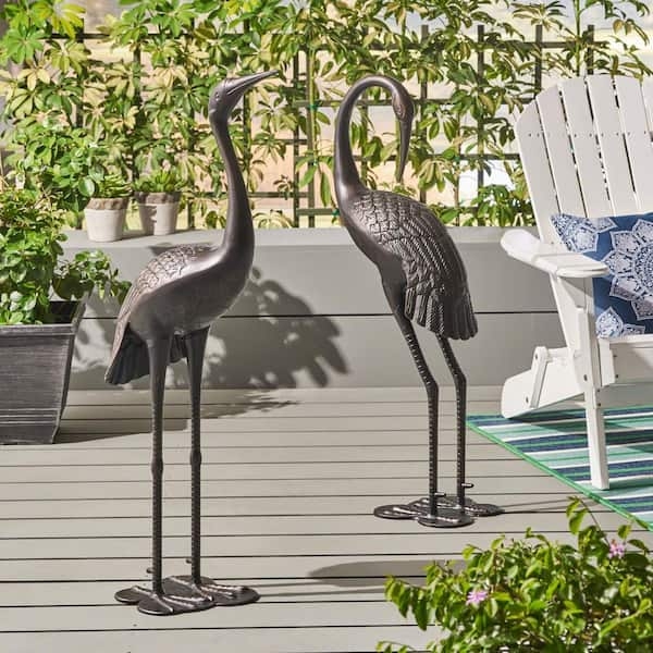 Pair of Verdigris Metal Heron Garden Statues, Rustic Traditional Decor