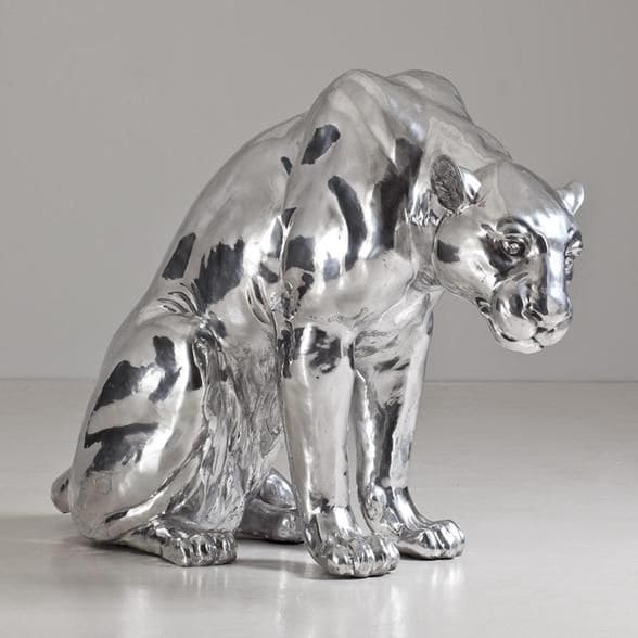 Panther Sculpture Sleek Silver Mirror Finish in Crouching Pose