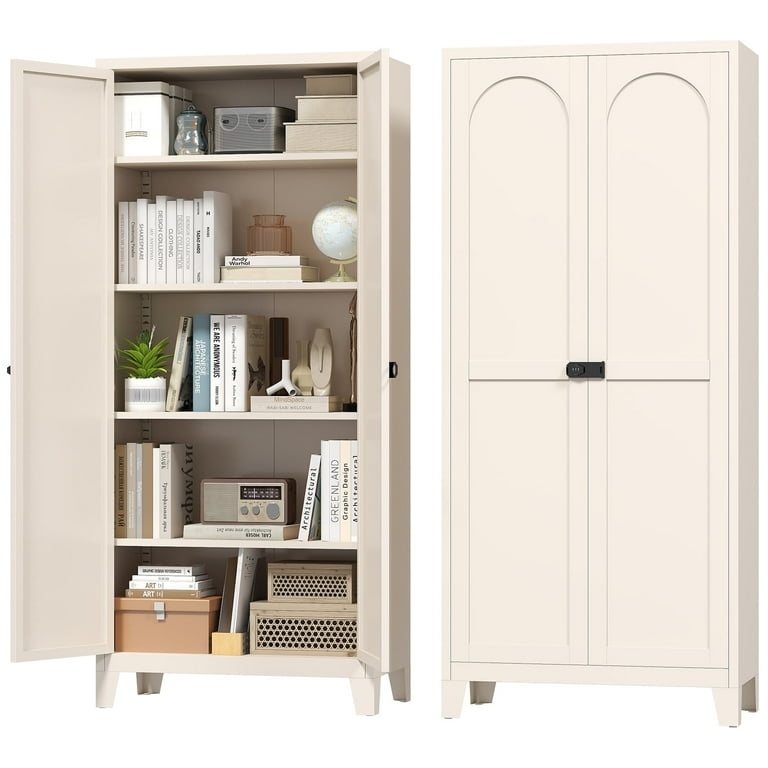 Pantry Cabinet Beige Arched Mesh Doors with Brass Hardware