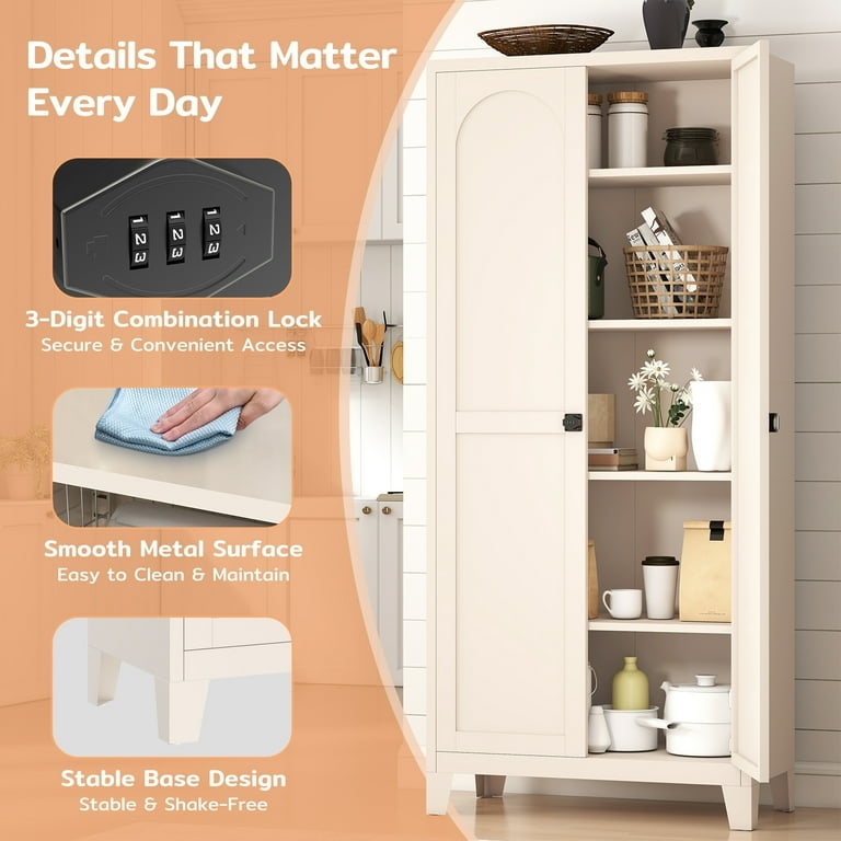 Pantry Cabinet Beige Metal with Scalloped Door Panels Tapered Legs