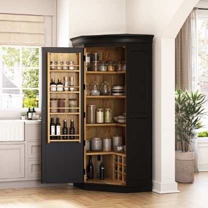 Pantry Cabinet Black Corner Unit with Glass Upper Doors