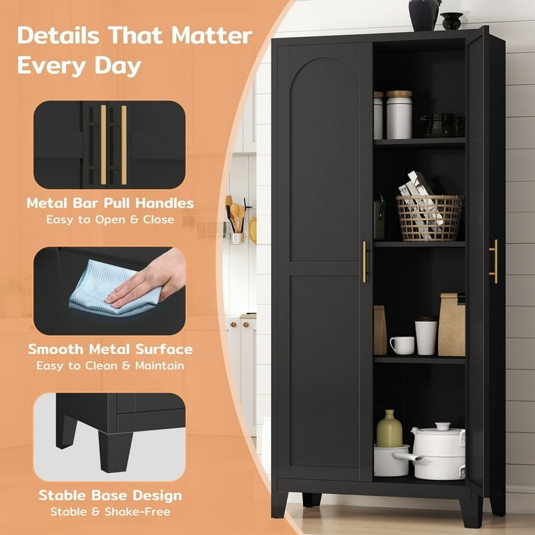 Pantry Cabinet Black Metal with Arched Mesh Doors and Gold Hardware