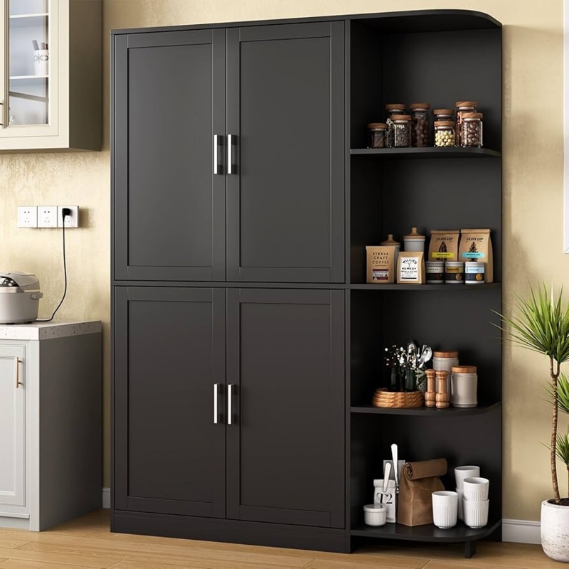 Pantry Cabinet, Black Shaker Style with Five-Tier Open Side Shelving