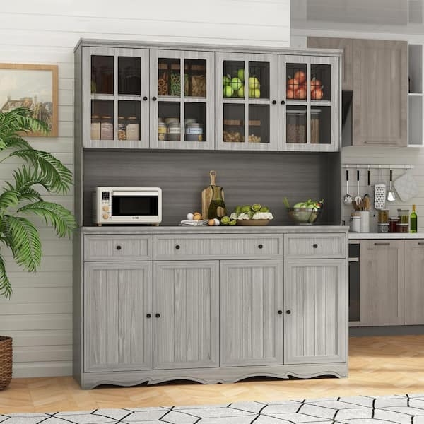 Pantry Cabinet Charcoal Gray Hutch Glass Doors Modern Farmhouse Storage