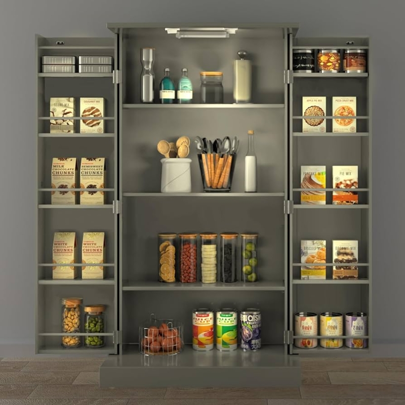 Pantry Cabinet, Charcoal Grey Freestanding with LED-Lit Central Niche