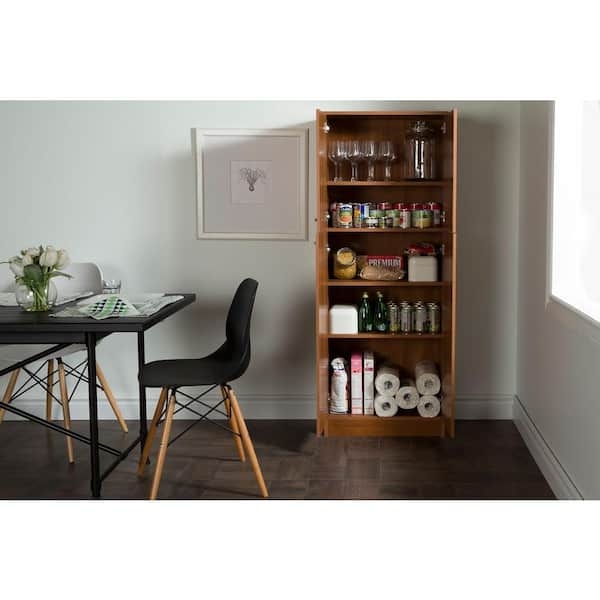 Pantry Cabinet Cherry Brown Vertical Bar Handles Double Doors