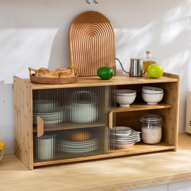 Pantry Cabinet Compact Bamboo with Fluted Glass Doors