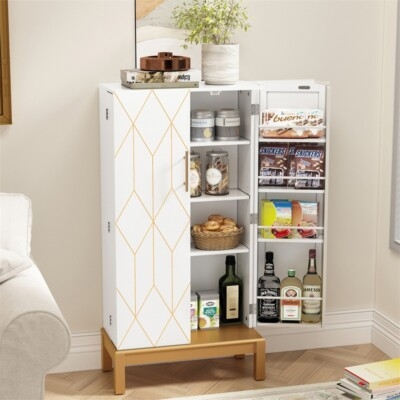 Pantry Cabinet, Compact White Beadboard Style Two-Door Freestanding Unit