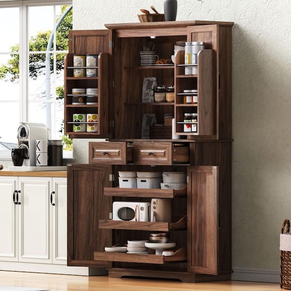 Pantry Cabinet Dark Wood Toned Stacked Drawers Open Middle Shelf Tall